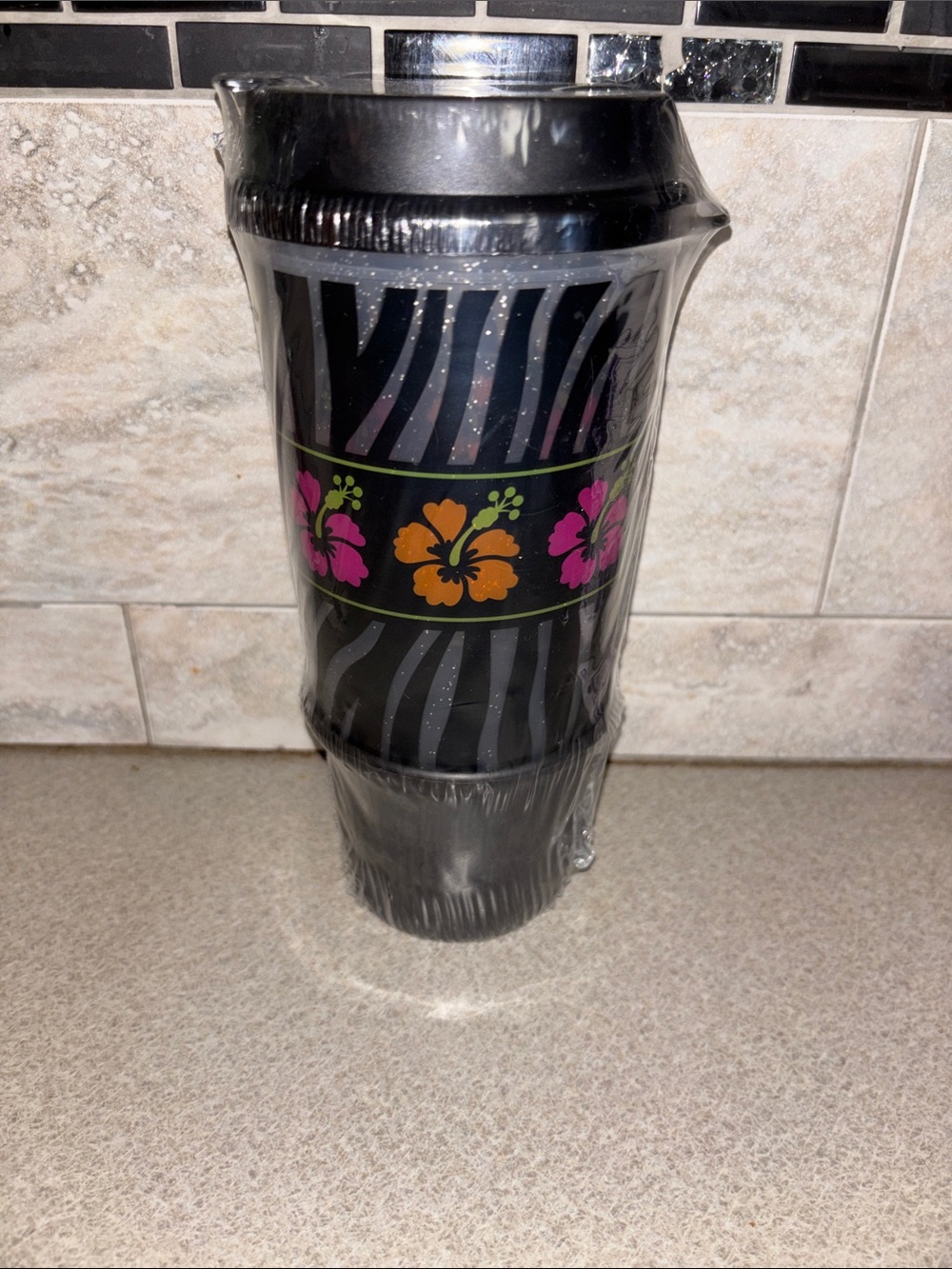 Tumbler Black zebra sparkling stripes with Pink & Orange Hibiscus Band